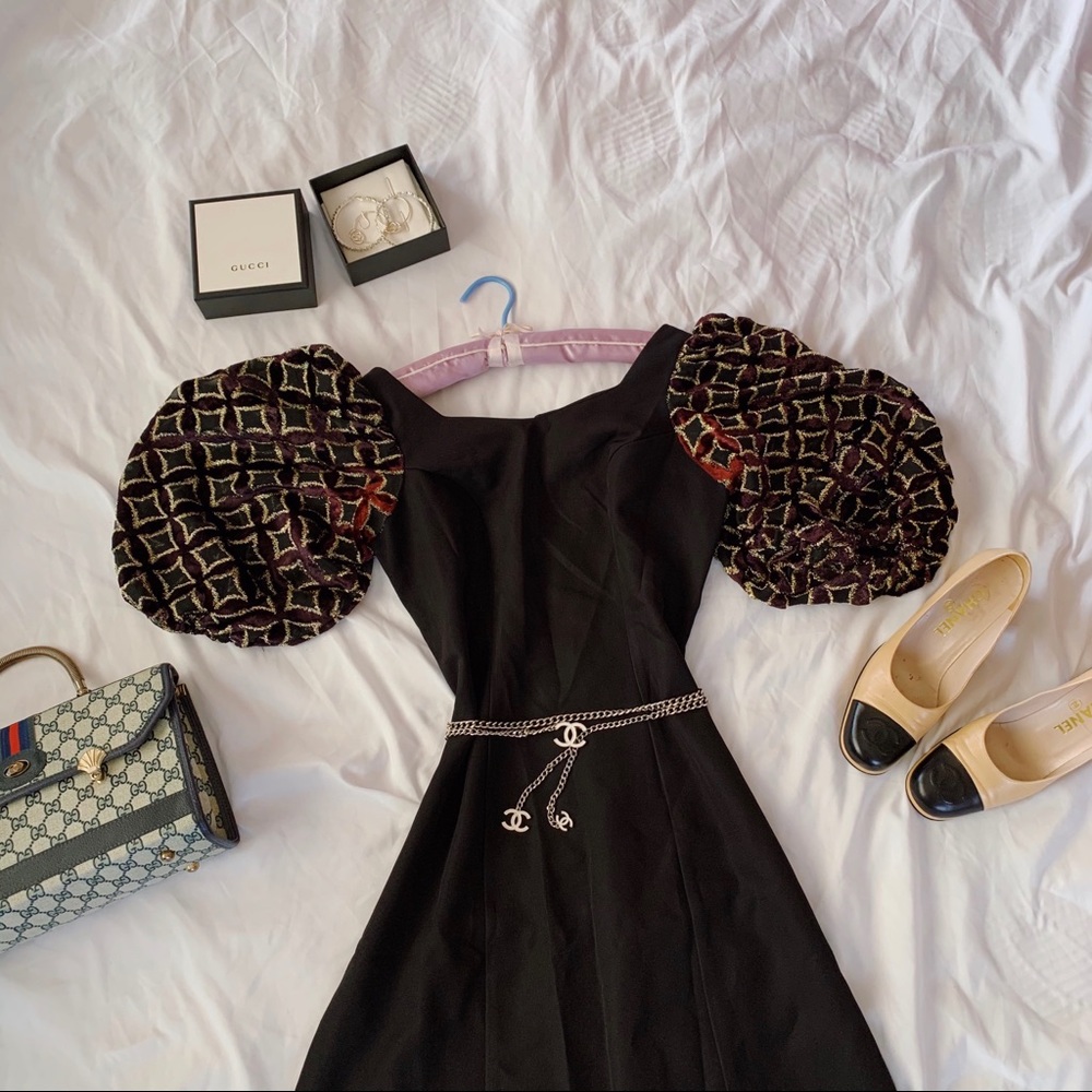 Vtg 80s Ballon Sleeves Velvet Wiggle Maxi Dress - Picture 3 of 9